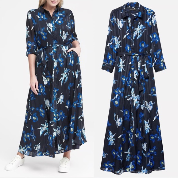 Banana Republic Maxi Button Up Dress Size 10 Floral Stripe Black Blue 3/4 Sleeve